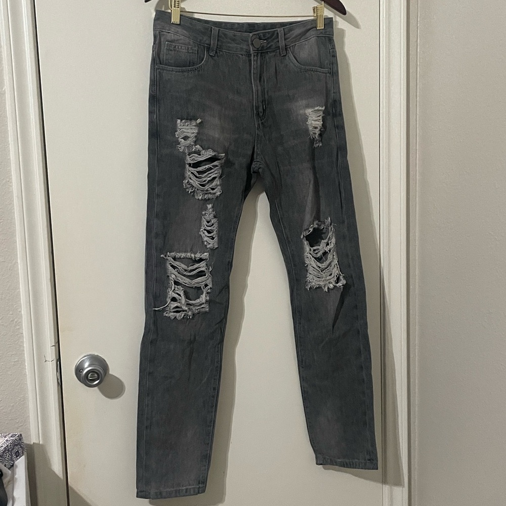 Men's Distressed Skinny Jeans in Charcoal